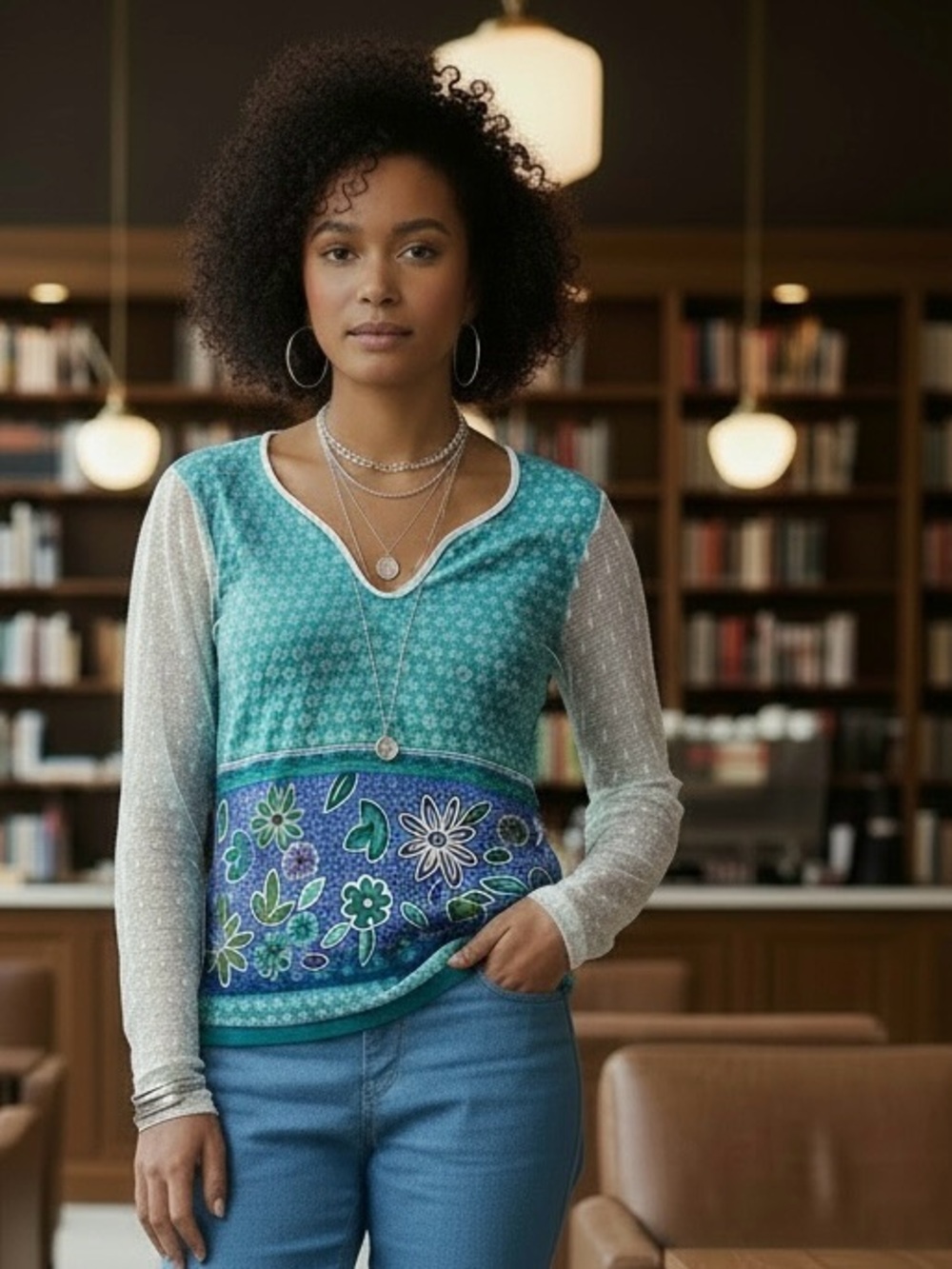 Y2K Moda International Boho Print Lace Sleeve Top